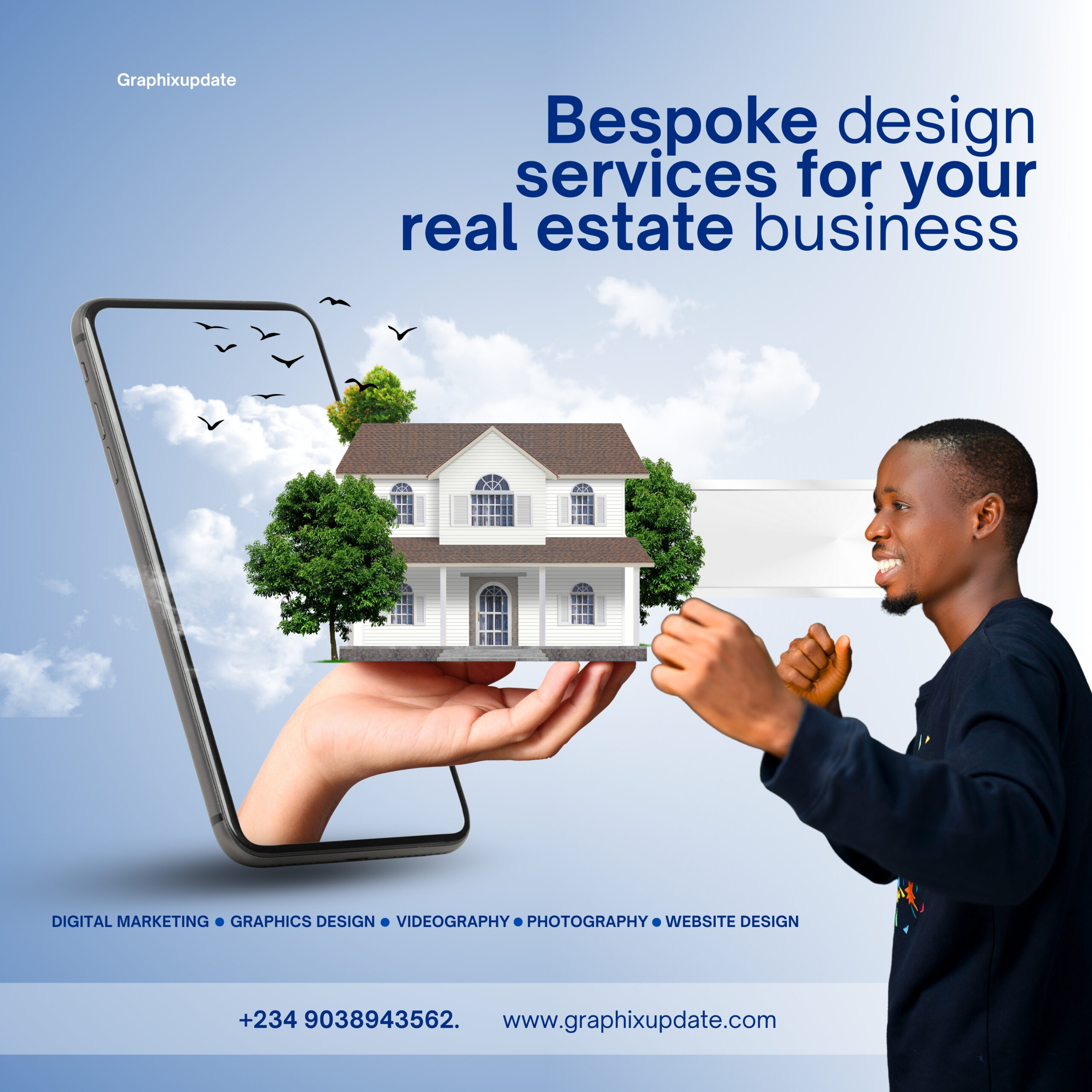 blue and white modern creative real estate social media post
